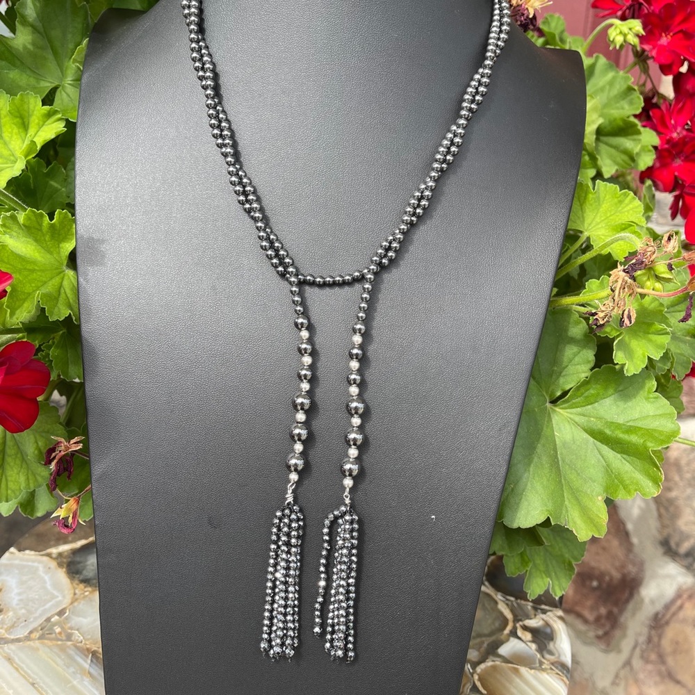 45” Sterling Silver hematite tassel necklace
